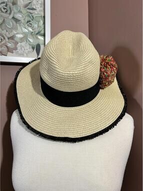 Betsey Johnson Beach Hat Wide Brim Floppy Yarn Pom Pom One Size